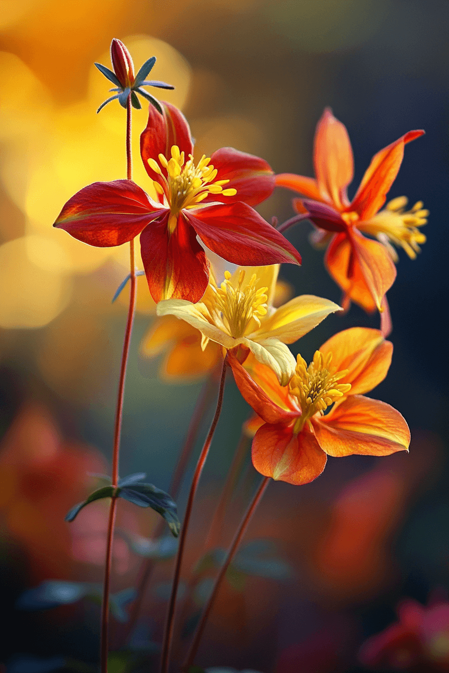 Vibrant Aquilegia canadensis flowers featuring fiery red and golden yellow petals in natural sunlight, highlighting their wild and passionate appearance.