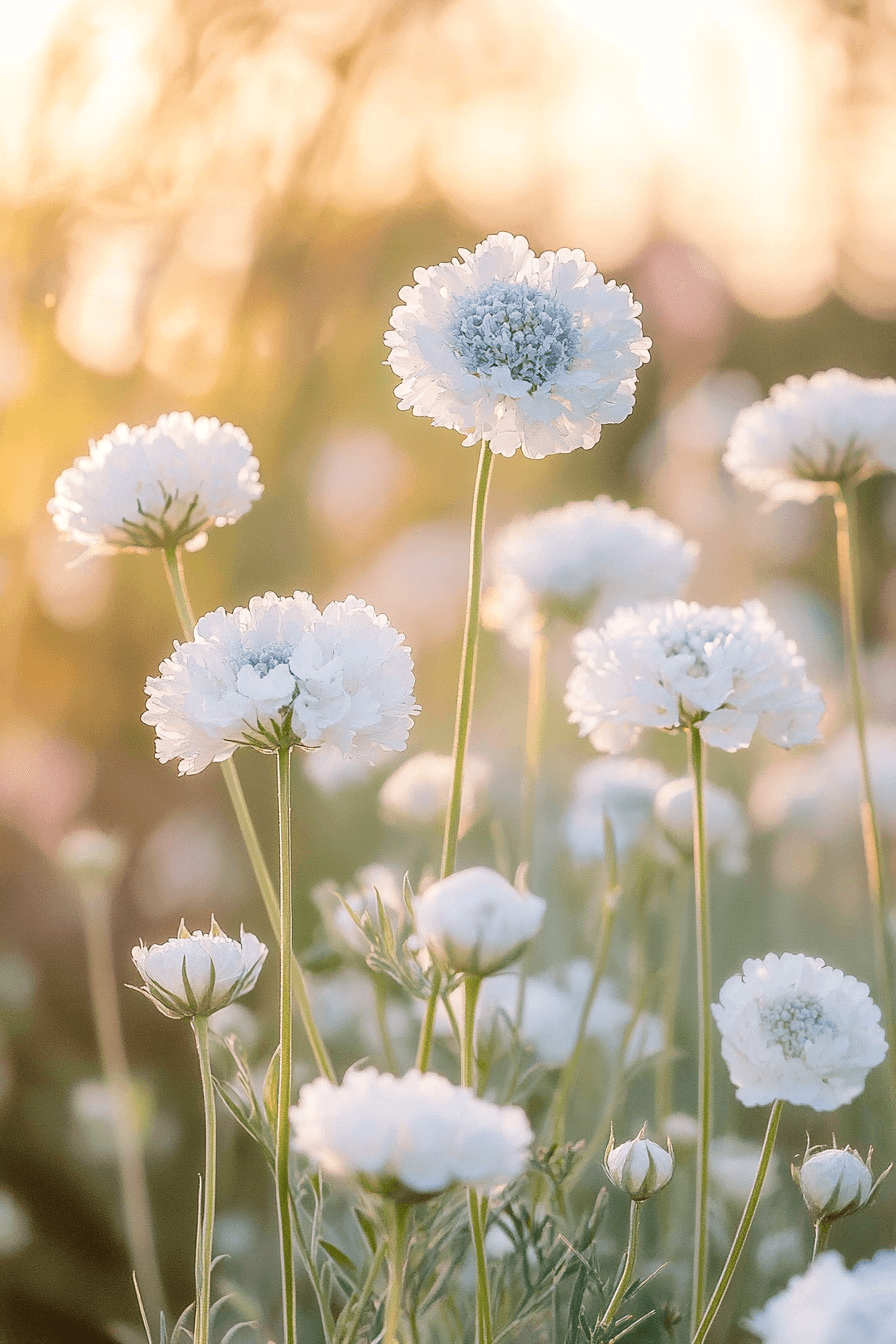 Tall stems of Scabiosa caucasica with light blue to white pincushion flowers standing gracefully against a softly blurred garden background