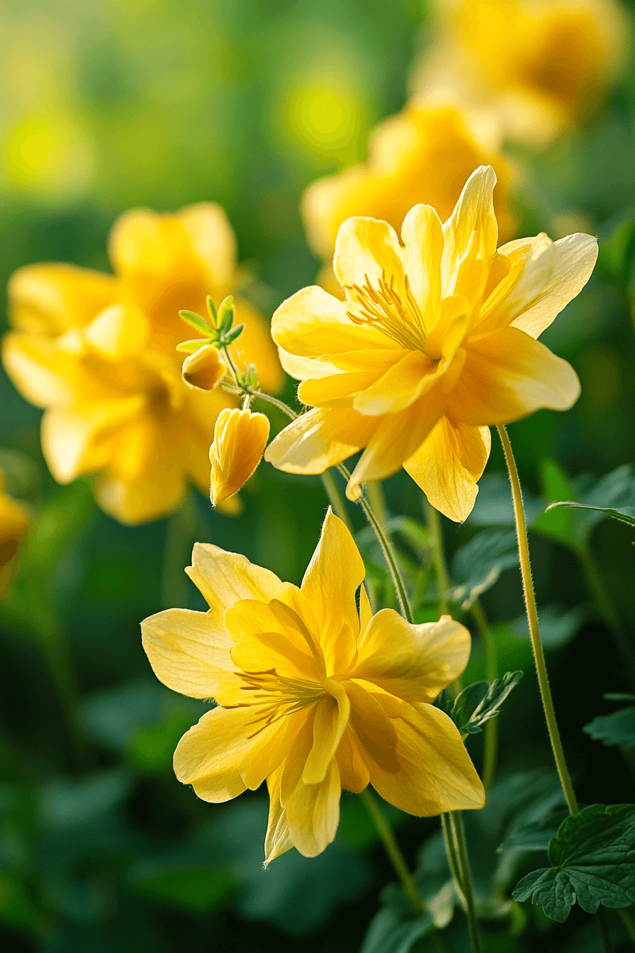 Bright golden yellow Aquilegia chrysantha blooms illuminated by warm light, showing detailed petal texture with a soft garden background.
