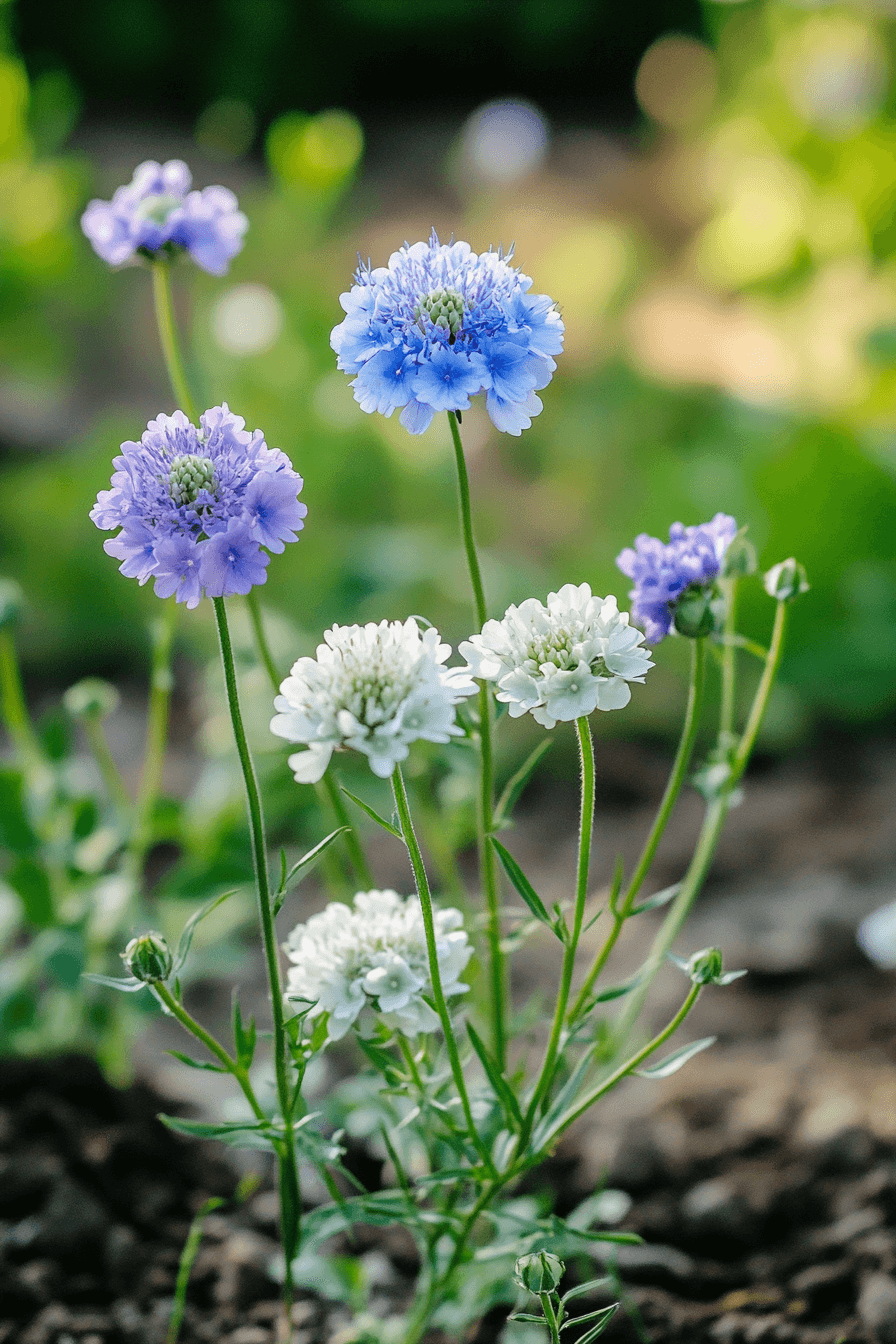 Delicate pale blue and white Scabiosa columbaria flowers growing low to the ground with slender stems and small blossoms in a garden setting