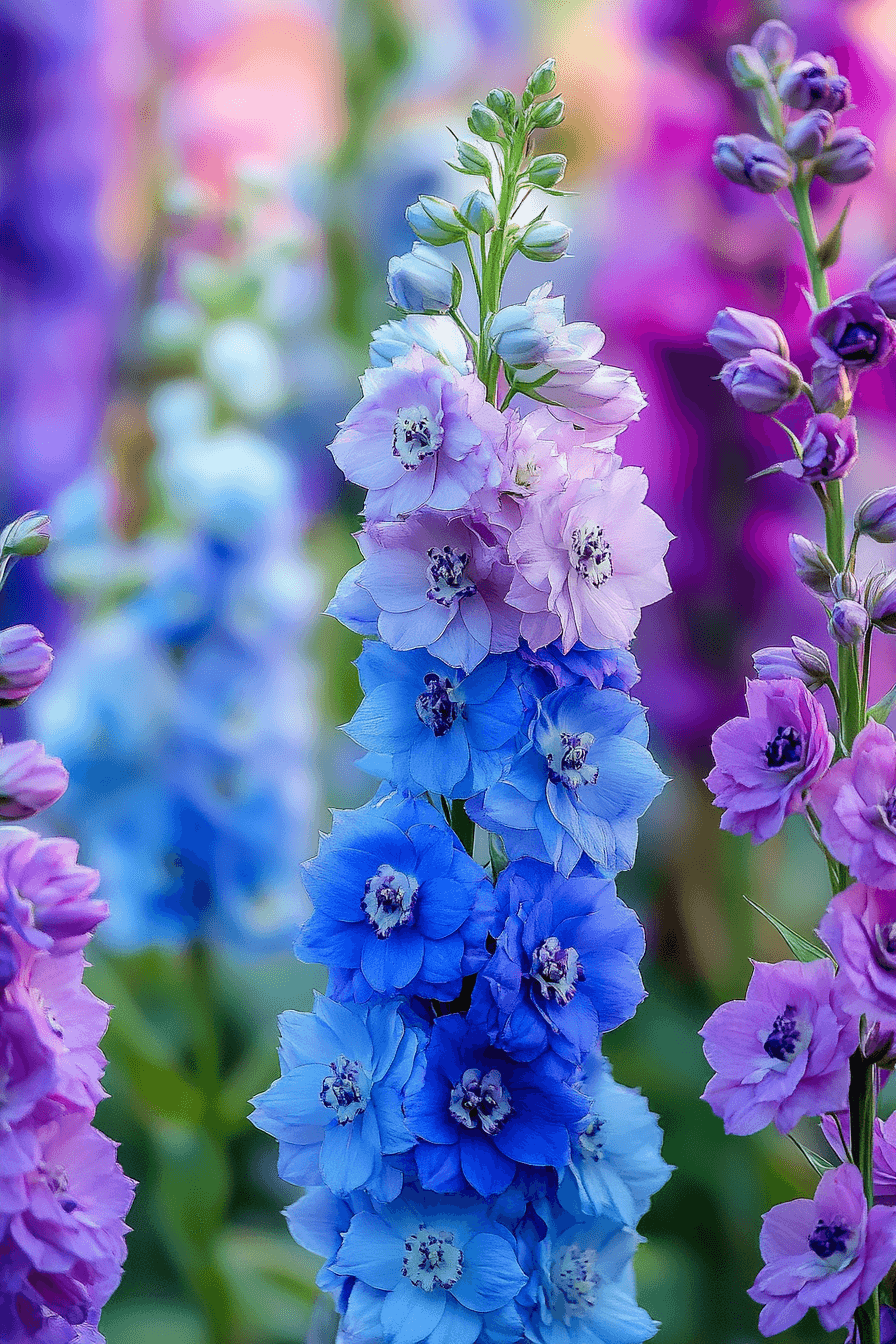 Vibrant hybrid Delphinium × cultorum flowers in rich blues, purples, and soft pinks, densely packed tall floral spikes shimmering softly in natural garden light, reflecting complex beauty and layered femininity