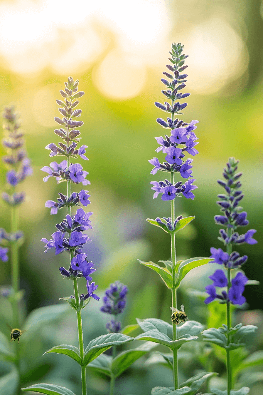 Delicate violet-blue Salvia farinacea ‘Victoria Blue’ blossoms glowing in gentle morning light, with bees gathering nectar nearby.