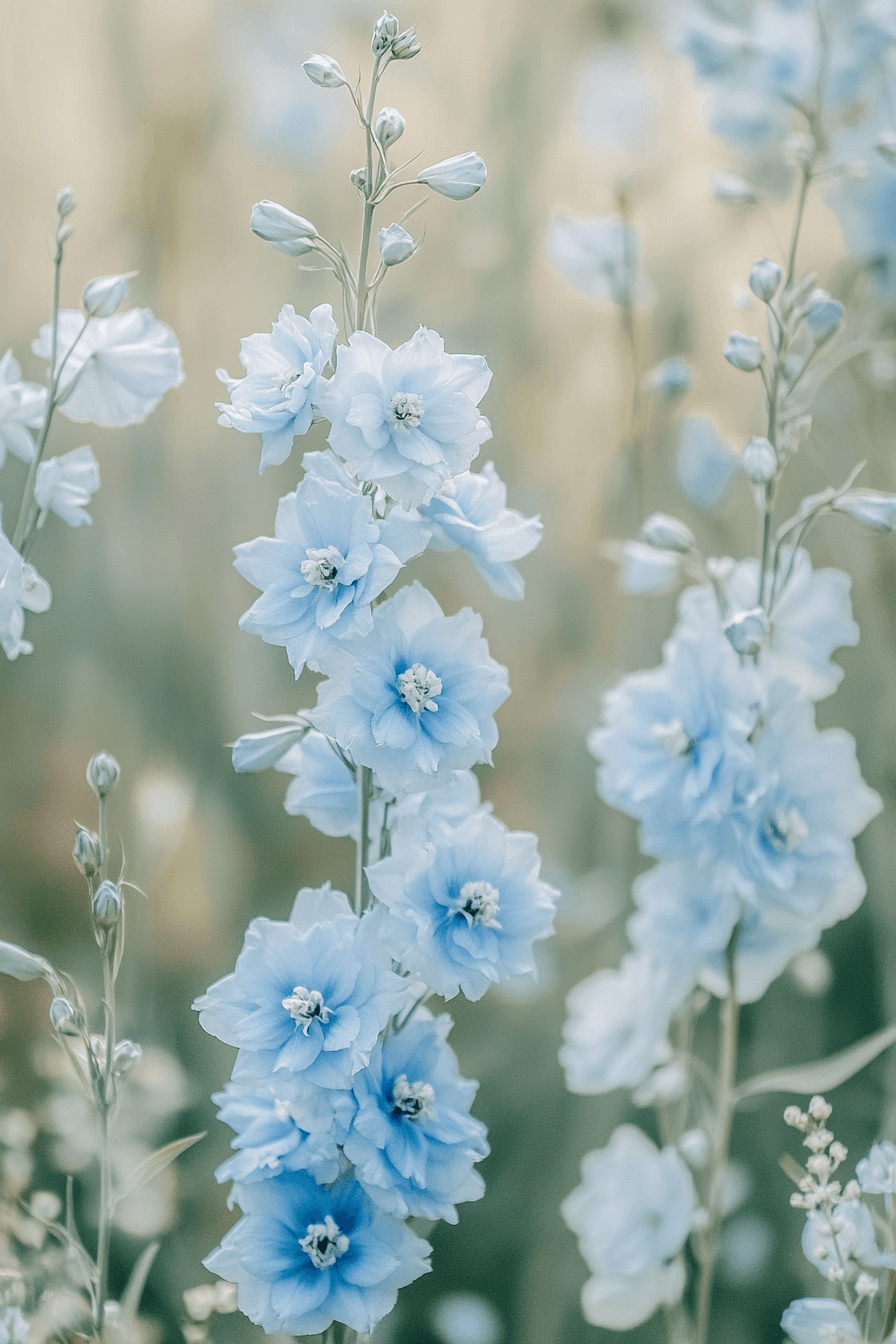 Delicate Delphinium grandiflorum blooms with soft sky-blue clustered flowers on shorter stems, nestled among wild grasses, evoking a gentle whisper of calm and quiet strength