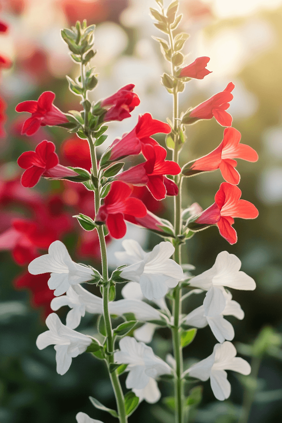 Playful red and white two-toned Salvia ‘Hot Lips’ flowers dancing in the breeze in a sunlit cottage garden.