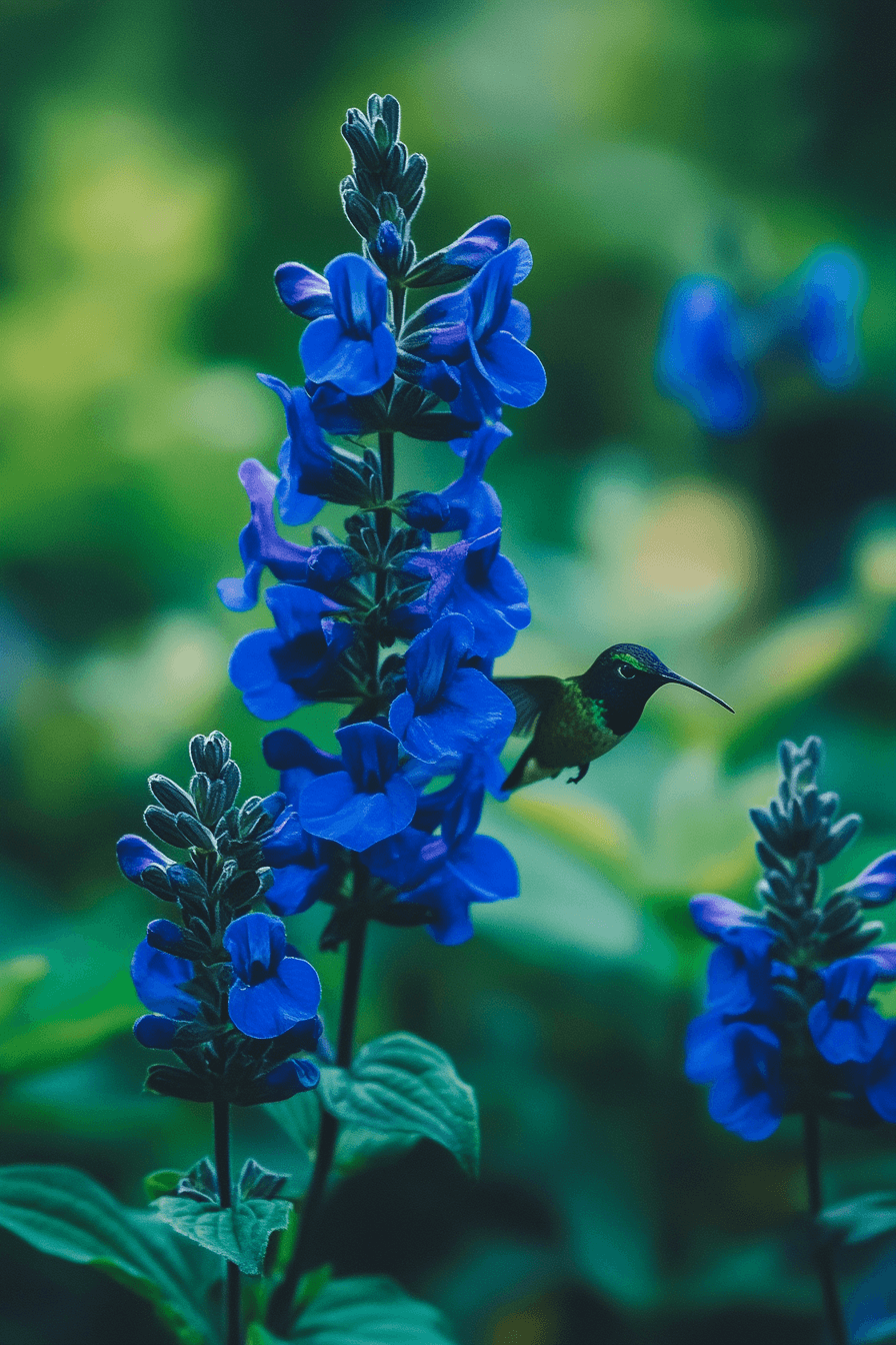 Close-up of Salvia guaranitica ‘Amistad’ with rich royal purple petals and near-black calyxes, attracting hummingbirds in a lush garden.