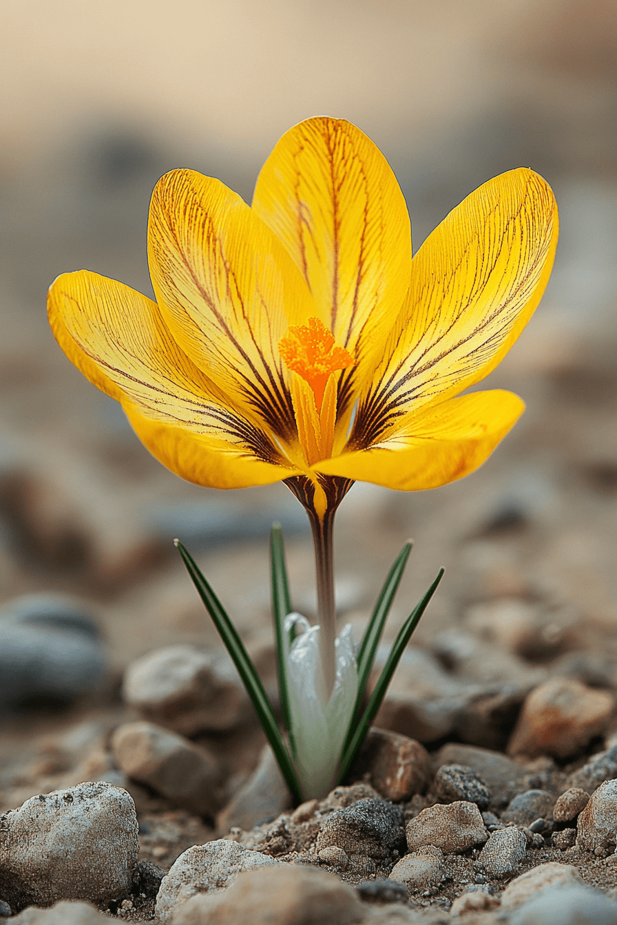 Yellow crocus korolkowii with fine brown stripes, blooming from stony earth like sunlight carved in gold.