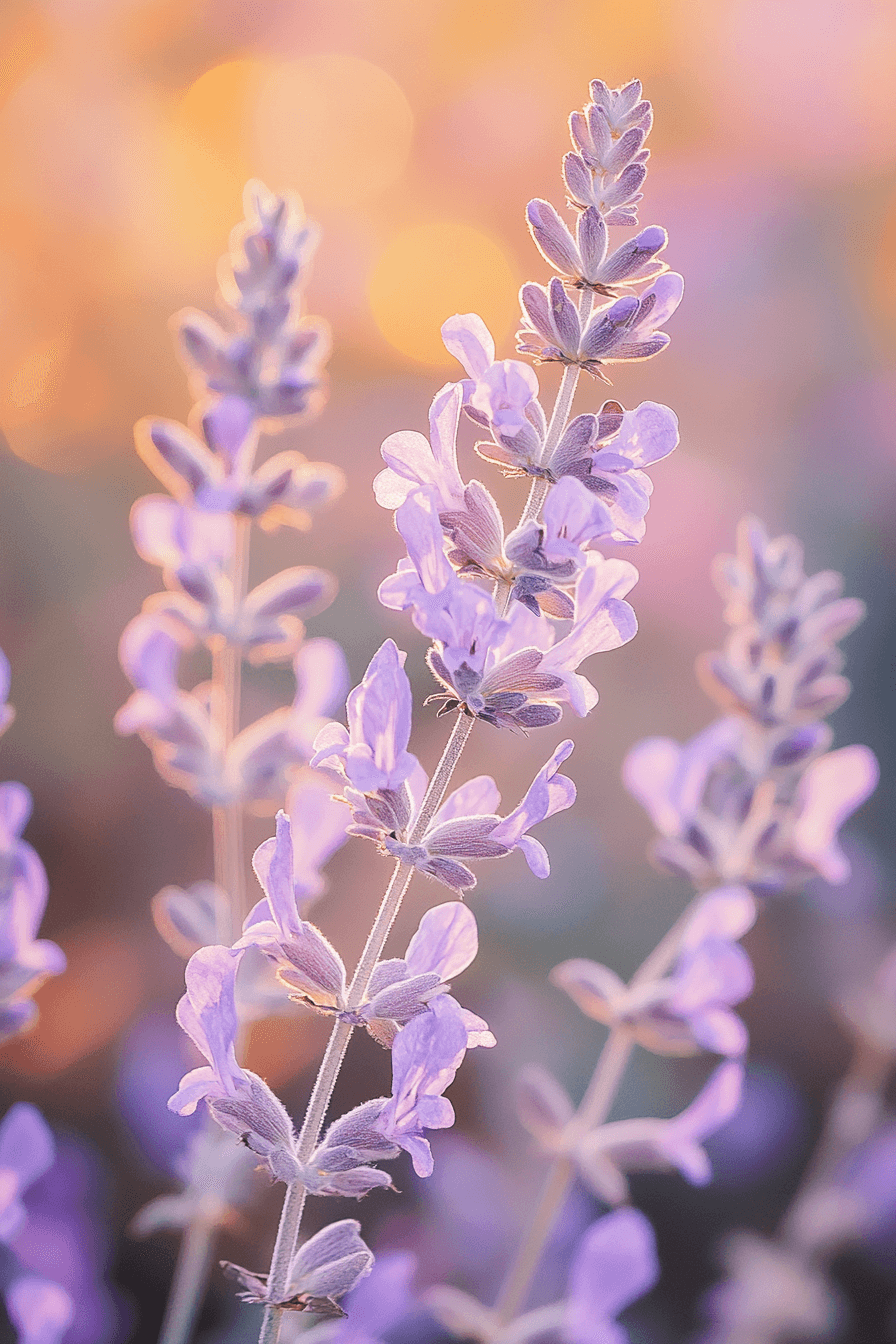 Velvety soft Salvia leucantha flowers in pale lilac and silver hues, arching gracefully in the golden light of an autumn afternoon.
