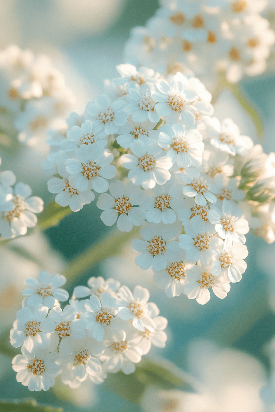 Close-up of creamy white Achillea millefolium Yarrow flowers with delicate feathery green leaves in natural sunlight.