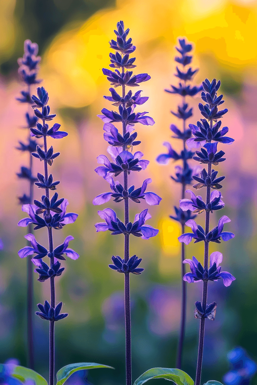 Salvia nemorosa in a summer garden, showing tall violet-blue flower spikes and dark purple stems, softly lit by morning sun.