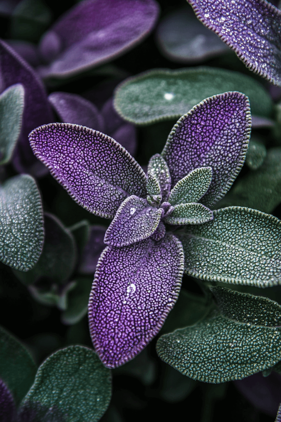 Close-up of Salvia officinalis leaves, with purple, green, and silvery variegation, growing in an aromatic herb garden after a light rain.