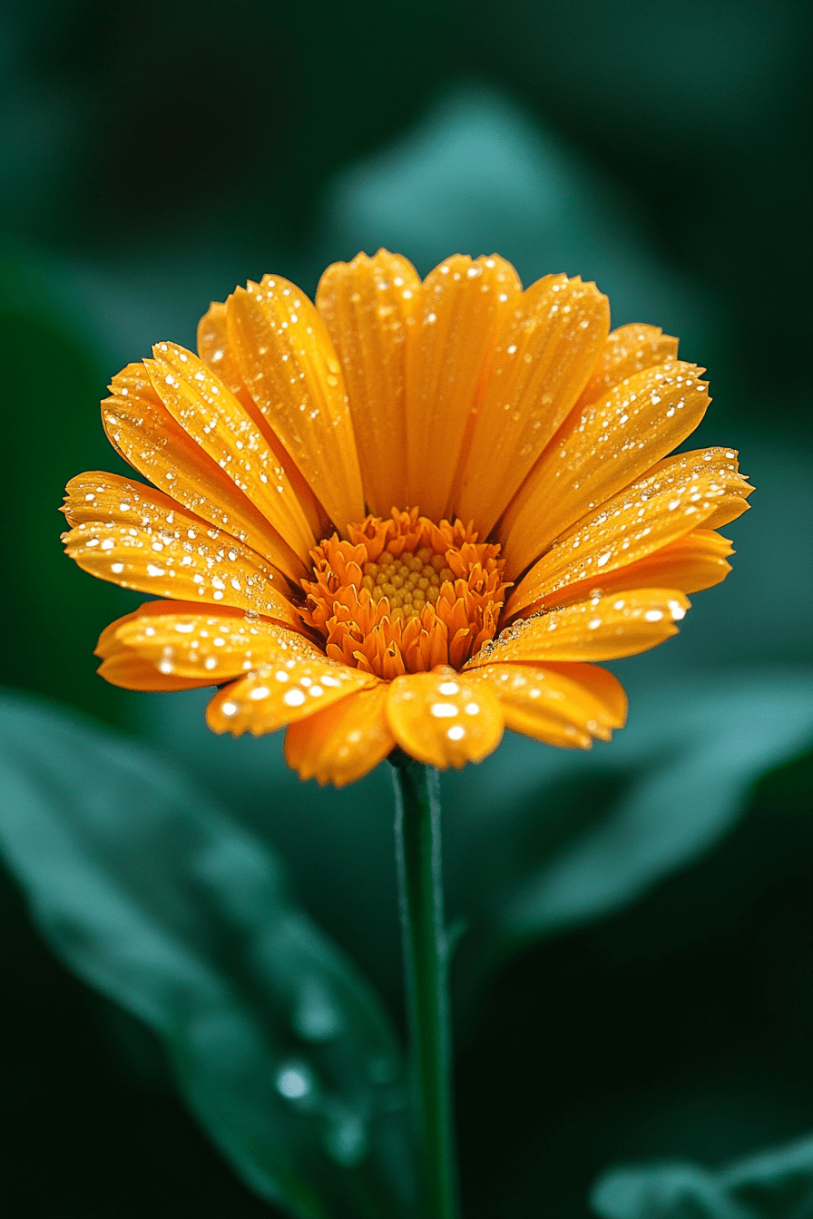 Close-up of a vibrant golden-orange Calendula officinalis flower with delicate petals and morning dew, symbolizing healing and natural skincare.