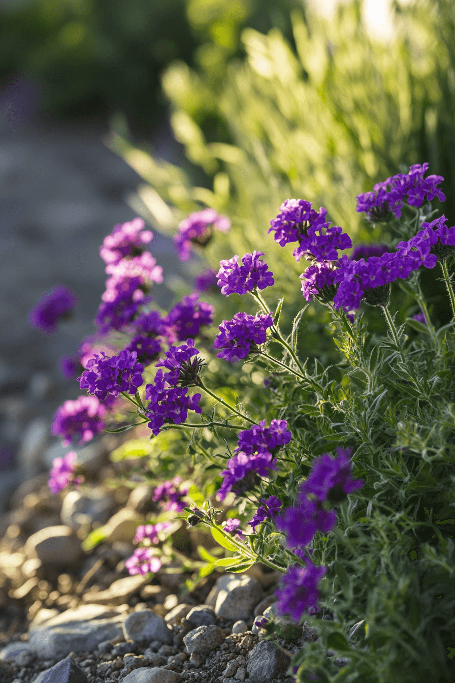 Low-growing Verbena rigida with vivid violet flowers, spreading confidently across sunbaked soil in a naturalistic garden corner