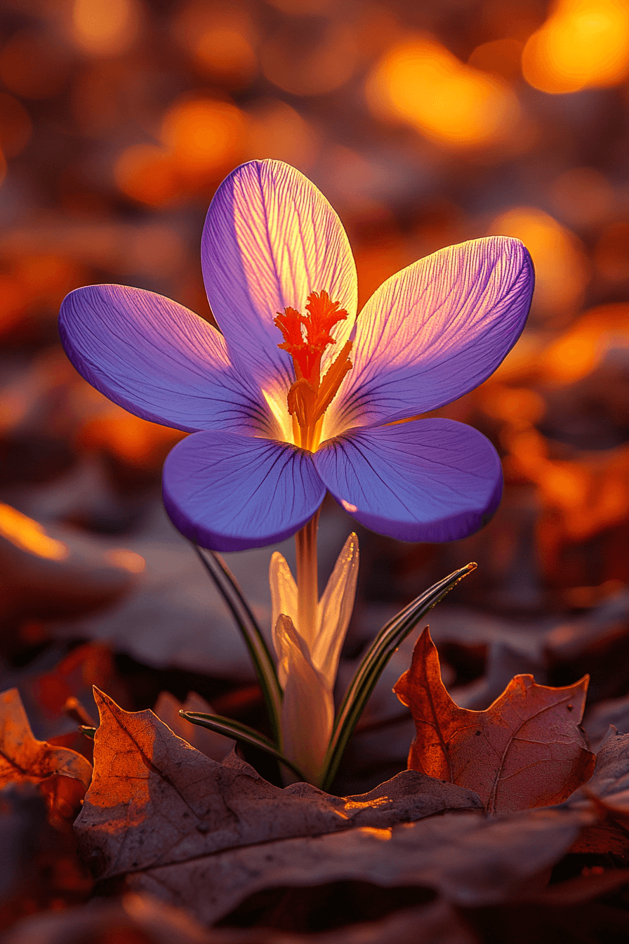 Autumn-blooming Crocus speciosus with wide violet petals and bright orange centers, growing among golden fallen leaves.