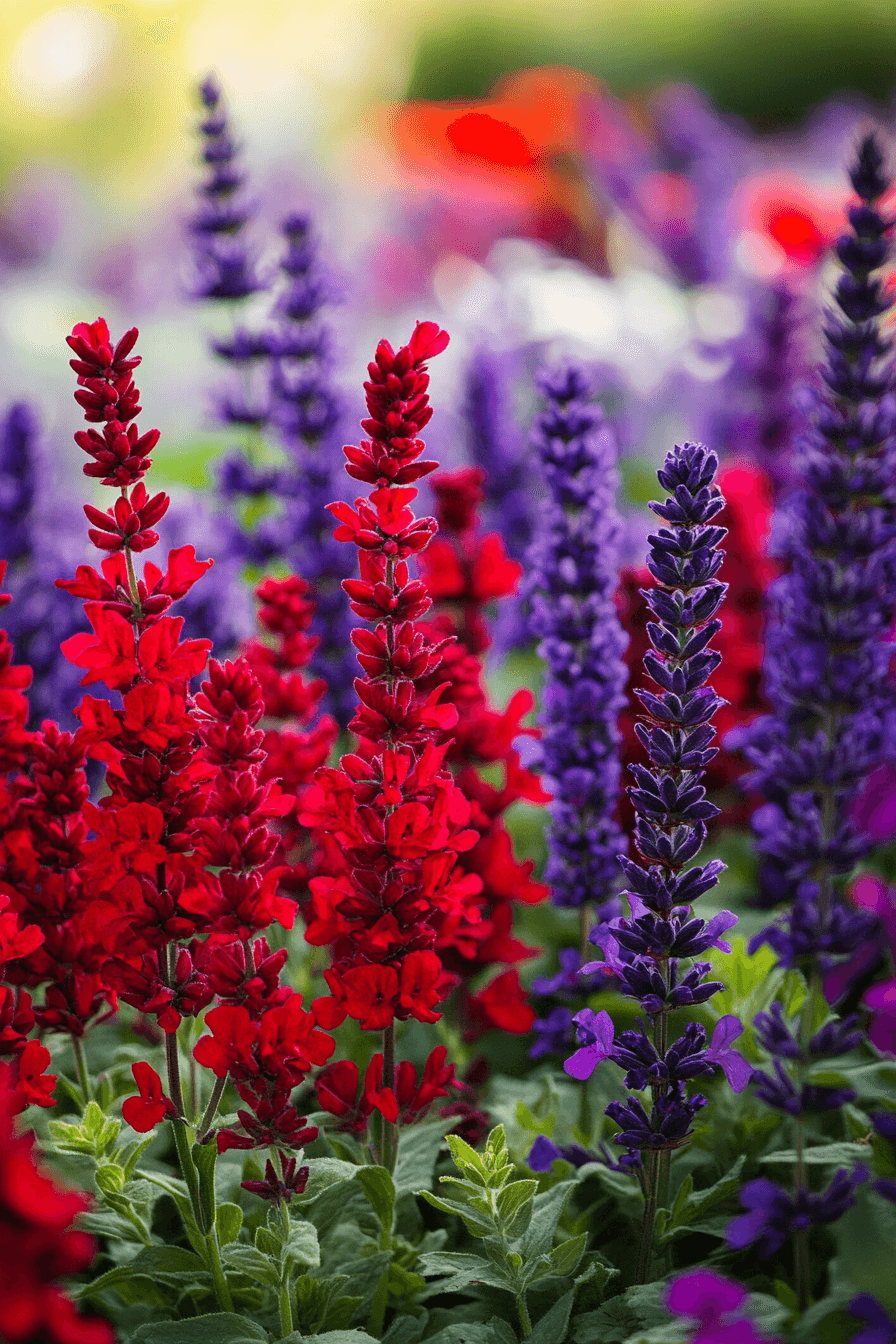 Bright red and purple Salvia splendens ‘Vista’ series flowers blooming in a vibrant summer flowerbed, radiating bold color and cheer.