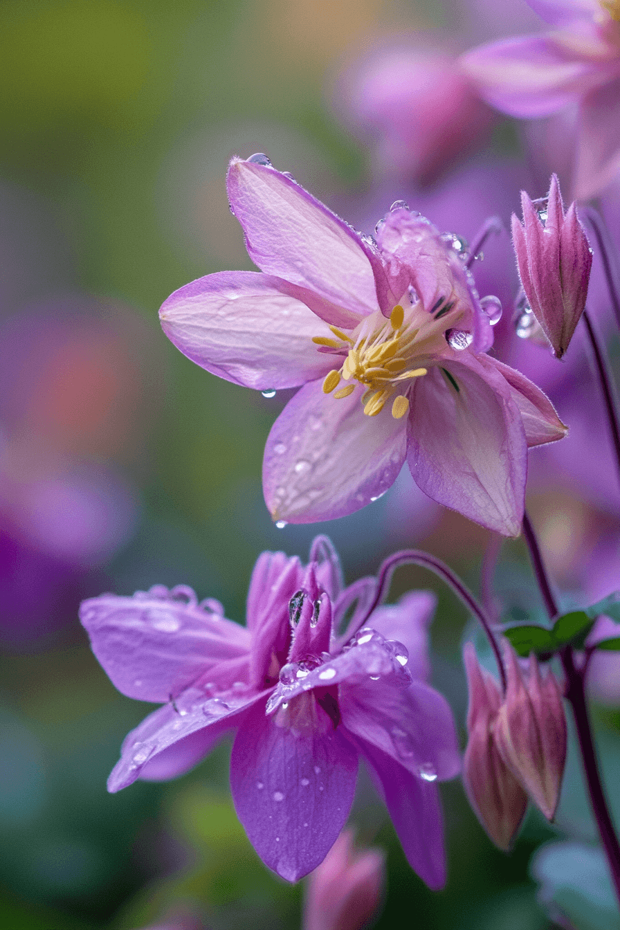 Close-up image of Aquilegia vulgaris flowers displaying soft violet and blush pink petals, with intricate details and morning dew, set against lush green foliage.