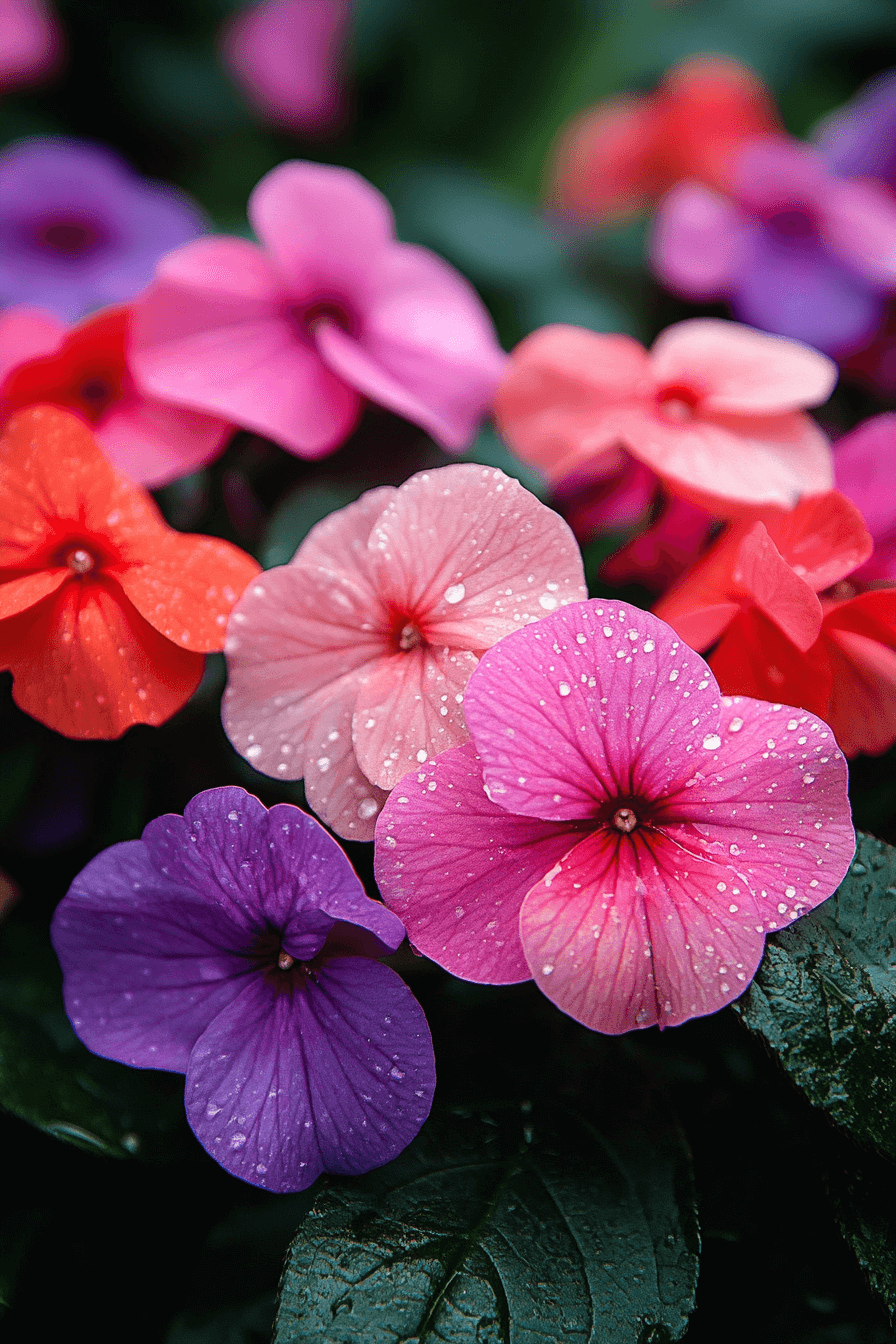 A close-up of soft pink and purple Impatiens walleriana blooms nestled in shaded garden soil, with dewdrops on tender green leaves — evoking a sense of quiet beauty and resilience.