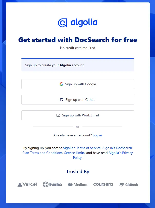 Algolia 注册/登录页