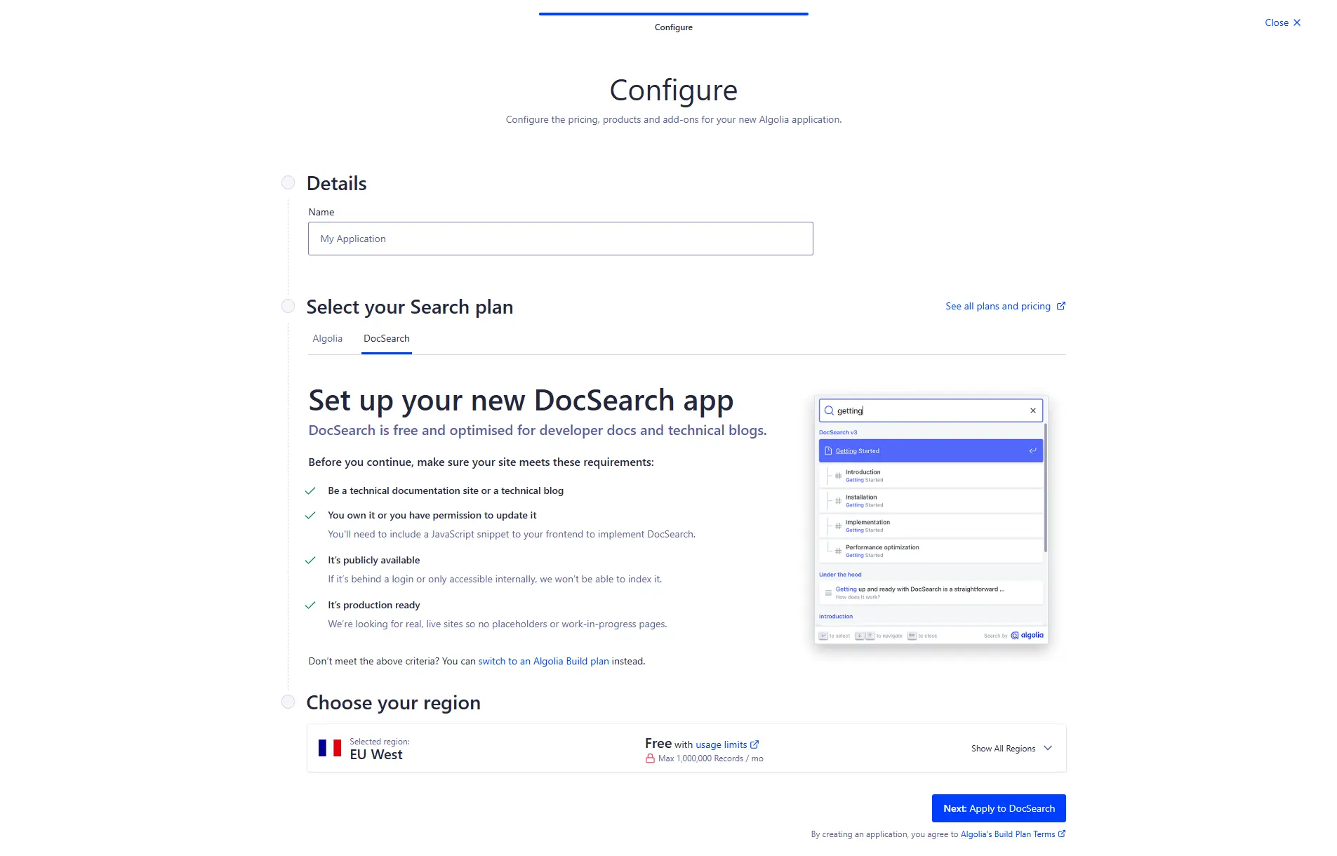 DocSearch 应用创建页