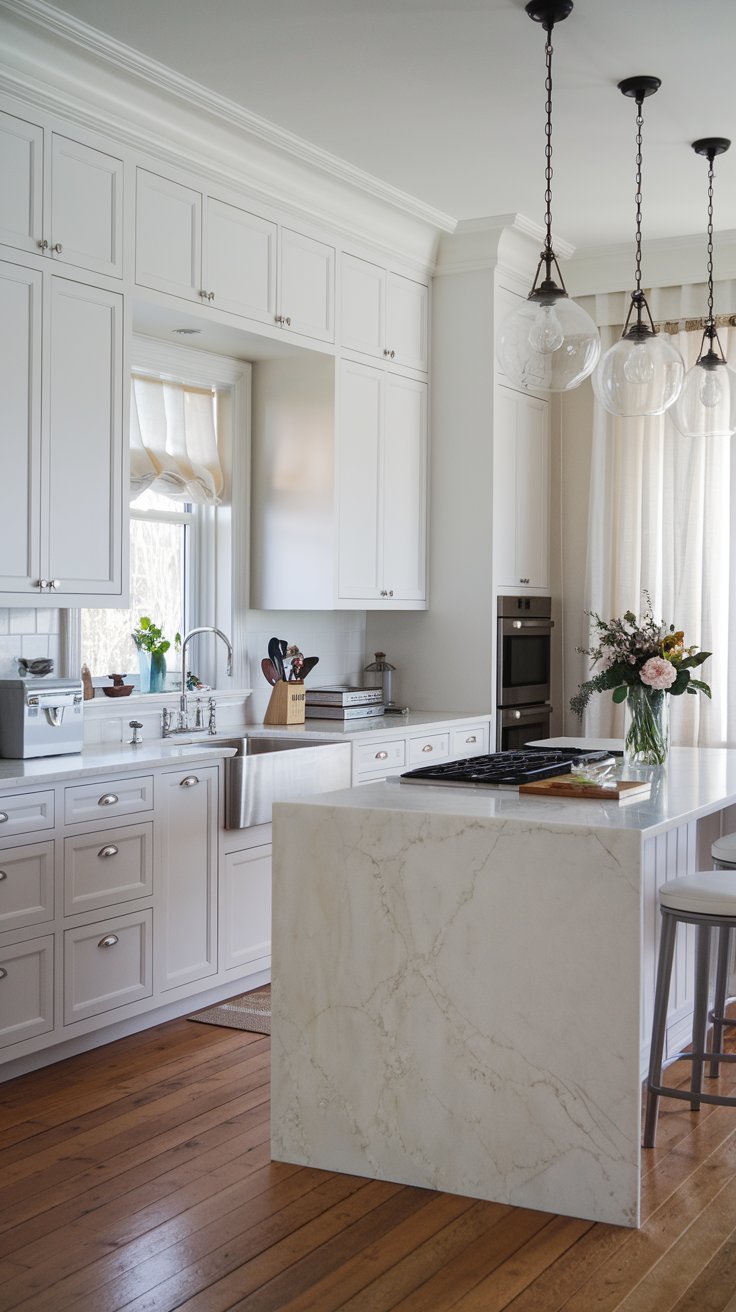 A wide-open kitchen with warm wooden floors, an island with bar stools, and a cozy sofa visible in the background