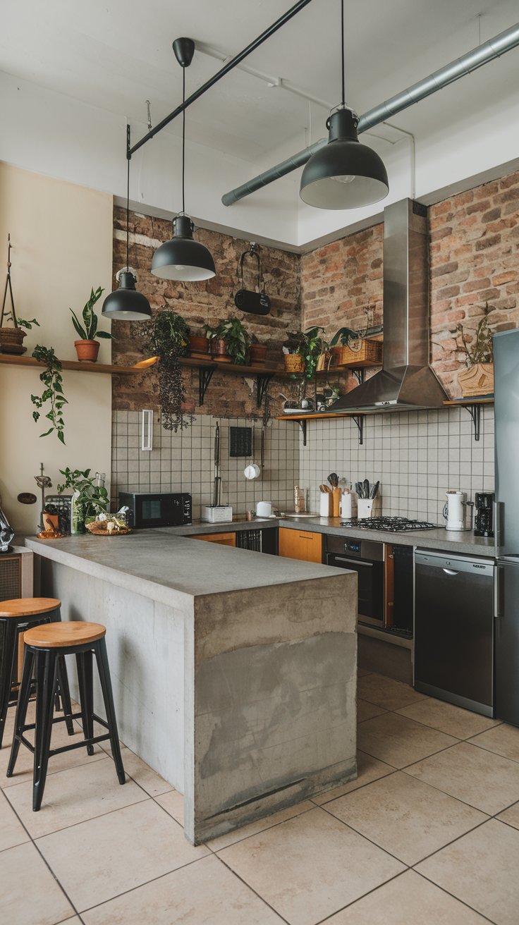 A kitchen with exposed brick walls, a concrete island, and matte black pendant lighting