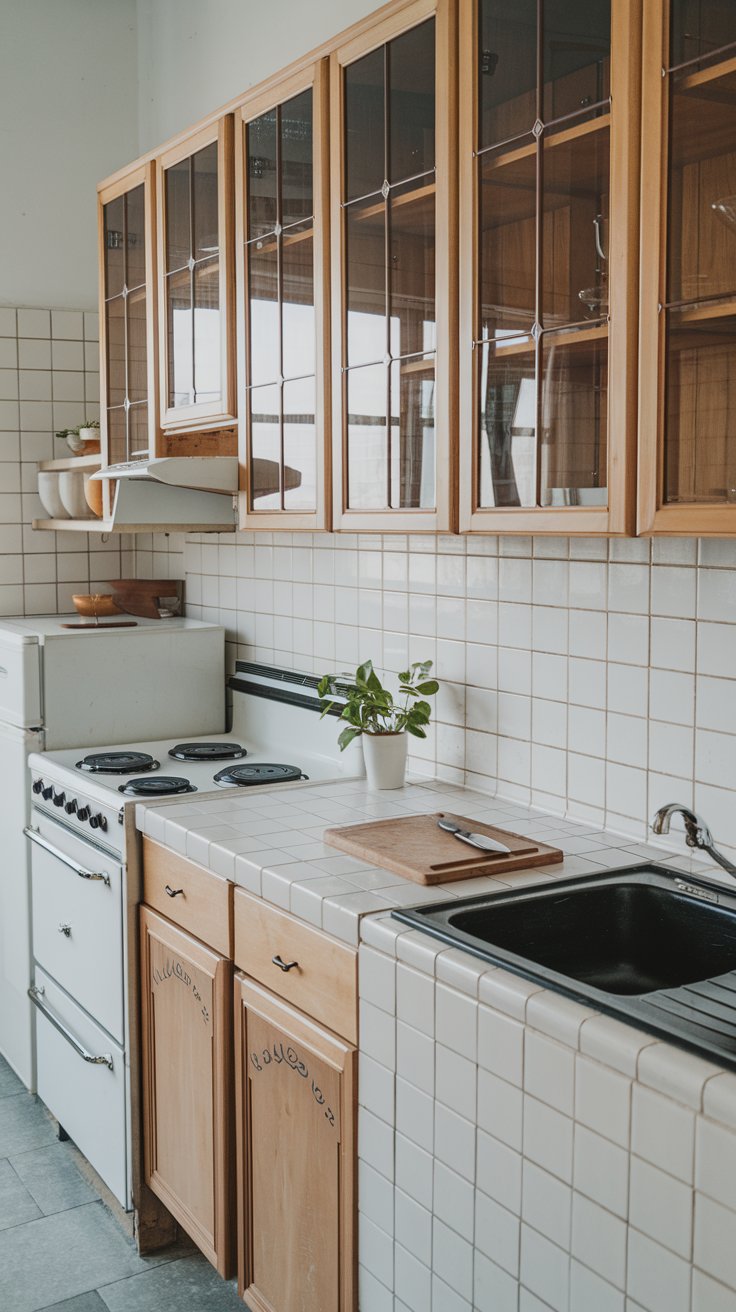 A light-filled kitchen with wooden cabinets, white tiles, and a small plant on the countertop