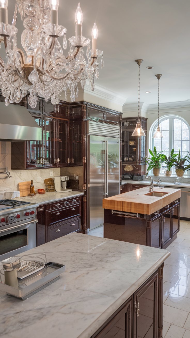 A luxurious kitchen with marble countertops, glossy cabinets, and a crystal chandelier
