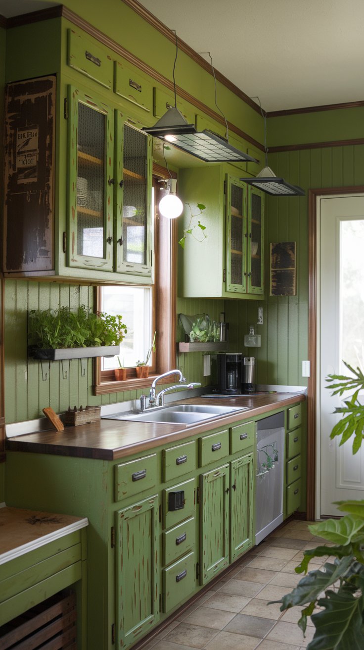 A green kitchen with recycled wood cabinets, solar-powered lights, and a small indoor herb garden