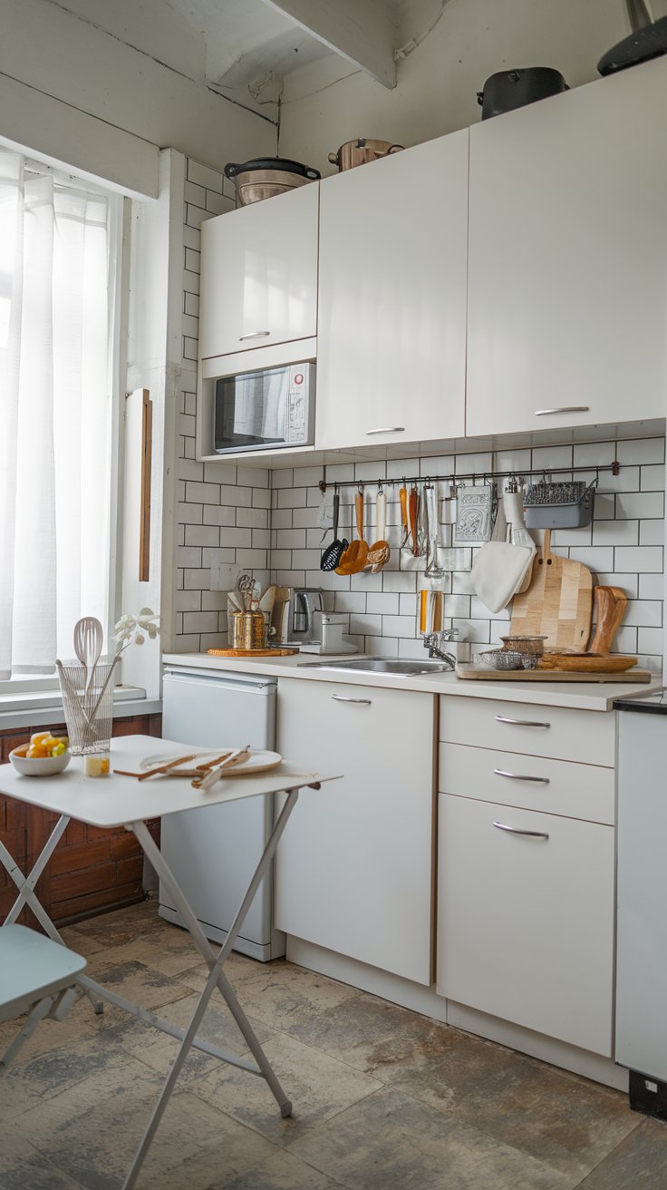 A compact kitchen with white cabinets, a foldable table, and hanging storage for utensils