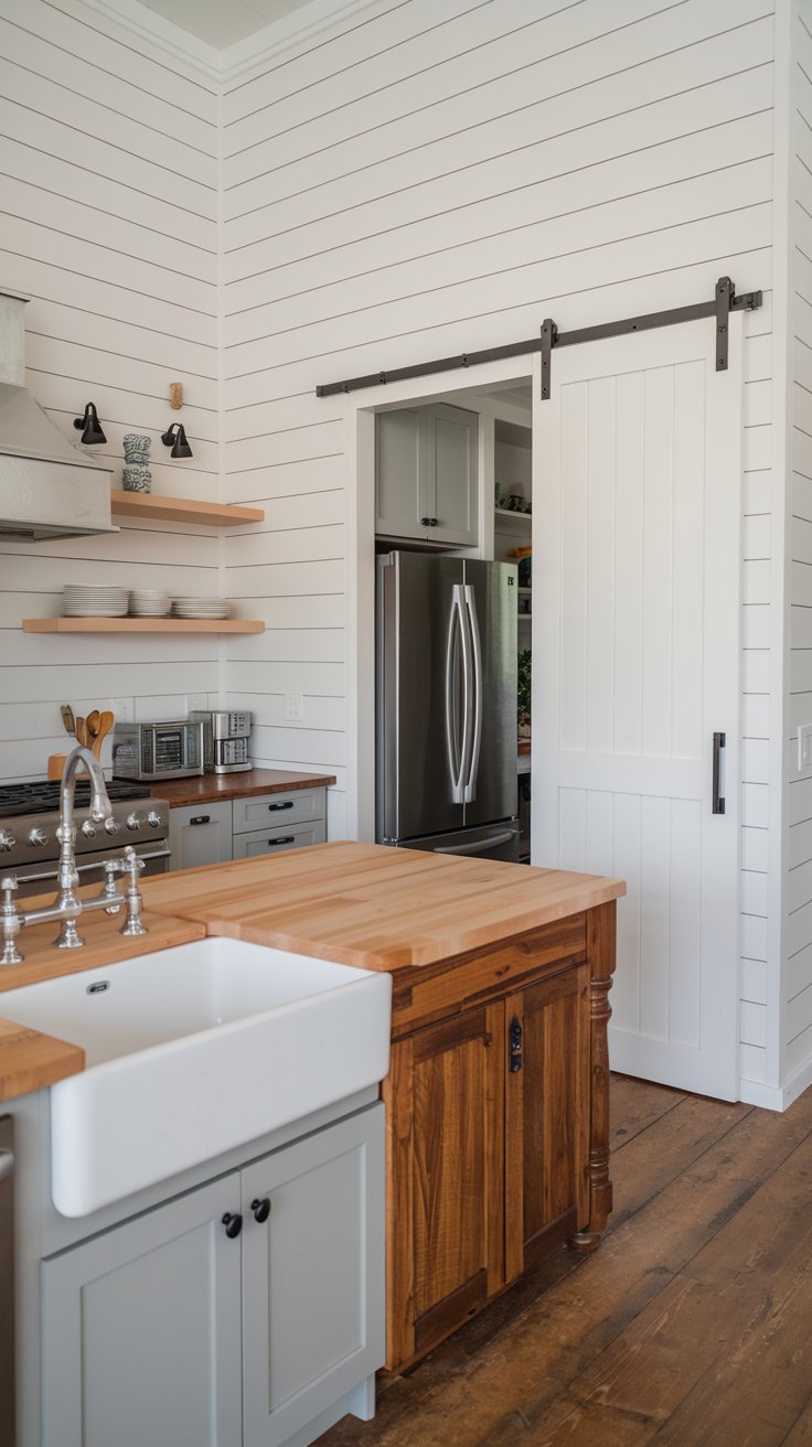 A kitchen with a farmhouse sink, shiplap walls, and a sliding barn door pantry