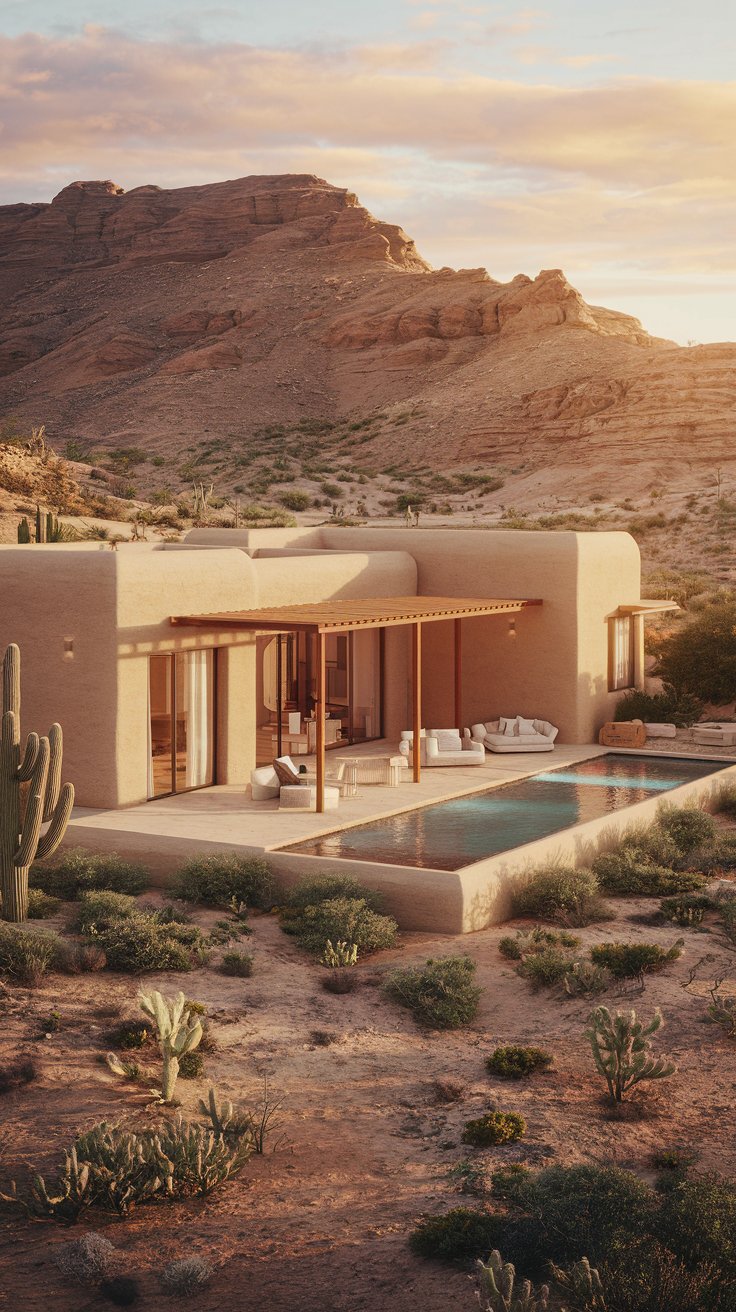 A modern desert house blending into the landscape, rammed earth walls, cactus garden, minimalist design, pool reflecting the desert sky, arid landscape, golden hour lighting, photorealistic, architectural visualization