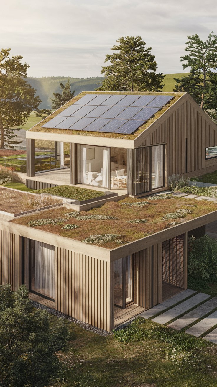A modern sustainable house with solar panels, green roof, rainwater harvesting system, natural materials, energy-efficient design, surrounded by nature, daytime, photorealistic, architectural rendering