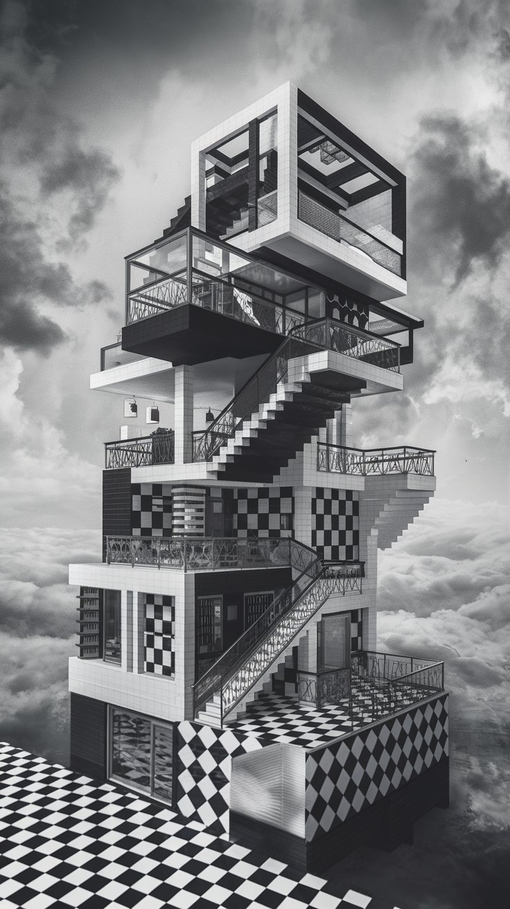 A surreal modern house inspired by M.C. Escher's artwork, impossible staircases, optical illusions, gravity-defying architecture, black and white, geometric patterns, dreamlike, photorealistic, architectural concept art
