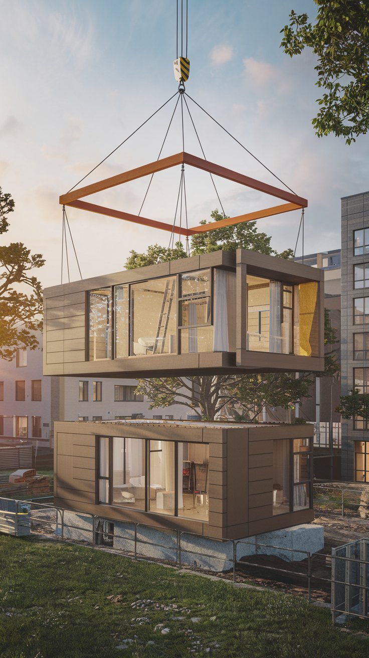 A modern prefab house being lifted by a crane and placed onto a foundation, modular design, clean lines, efficient construction, factory-built home, urban setting, daytime, photorealistic, construction photography