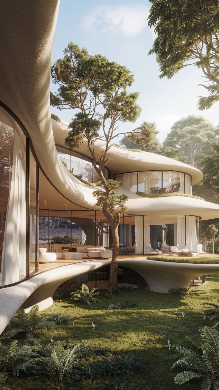 A biomorphic modern house inspired by natural forms, organic shapes, curved lines, flowing architecture, blending with nature, trees growing through the house, daytime, photorealistic, architectural visualization