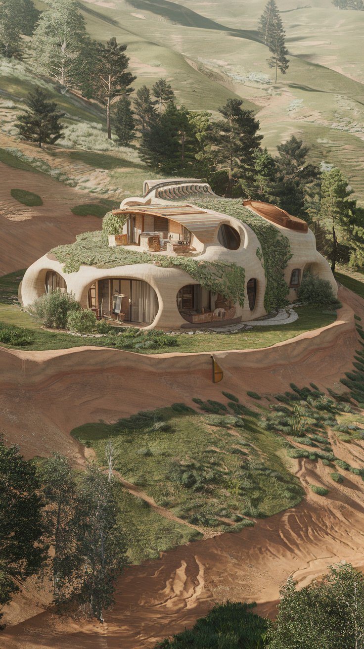 An earthship house blending into a rolling hillside, natural and recycled materials, tires, bottles, earth berms, sustainable off-grid living, organic shapes, daytime, photorealistic, architectural photography