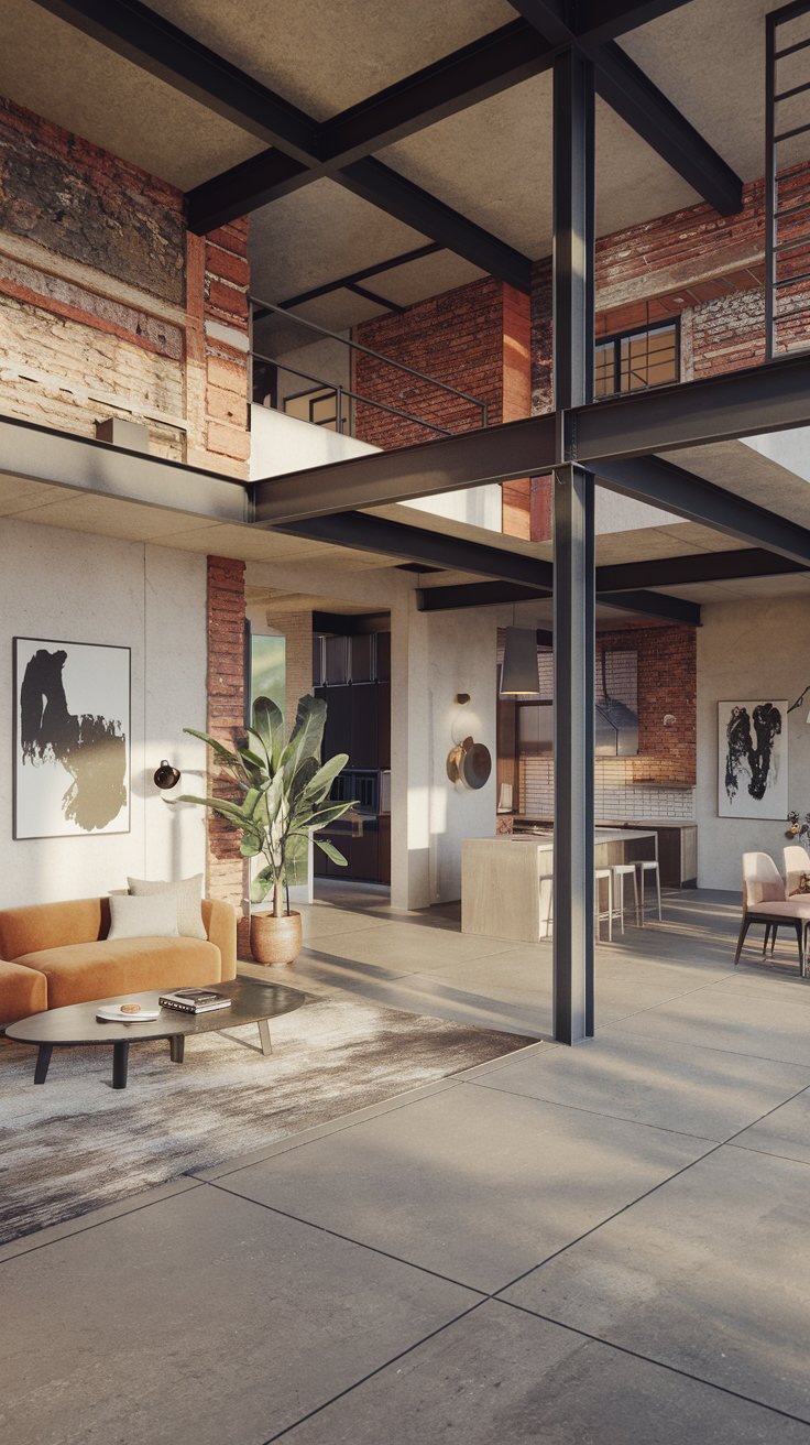 A modern industrial chic house, exposed brick walls, steel beams, concrete floors, minimalist furniture, open floor plan, warehouse conversion style, loft-like