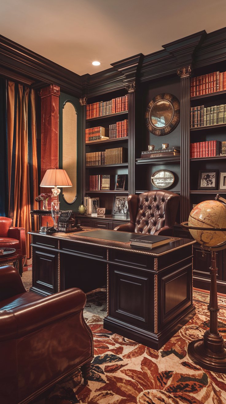 A grand, spacious home office in a converted guest room, dark wood executive desk, leather armchair, bookshelves filled with impressive-looking (but maybe unread) books, globe on a stand, rich jewel-toned colors, sophisticated and powerful, traditional luxury, warm lighting, humorous, empathetic, luxury home office