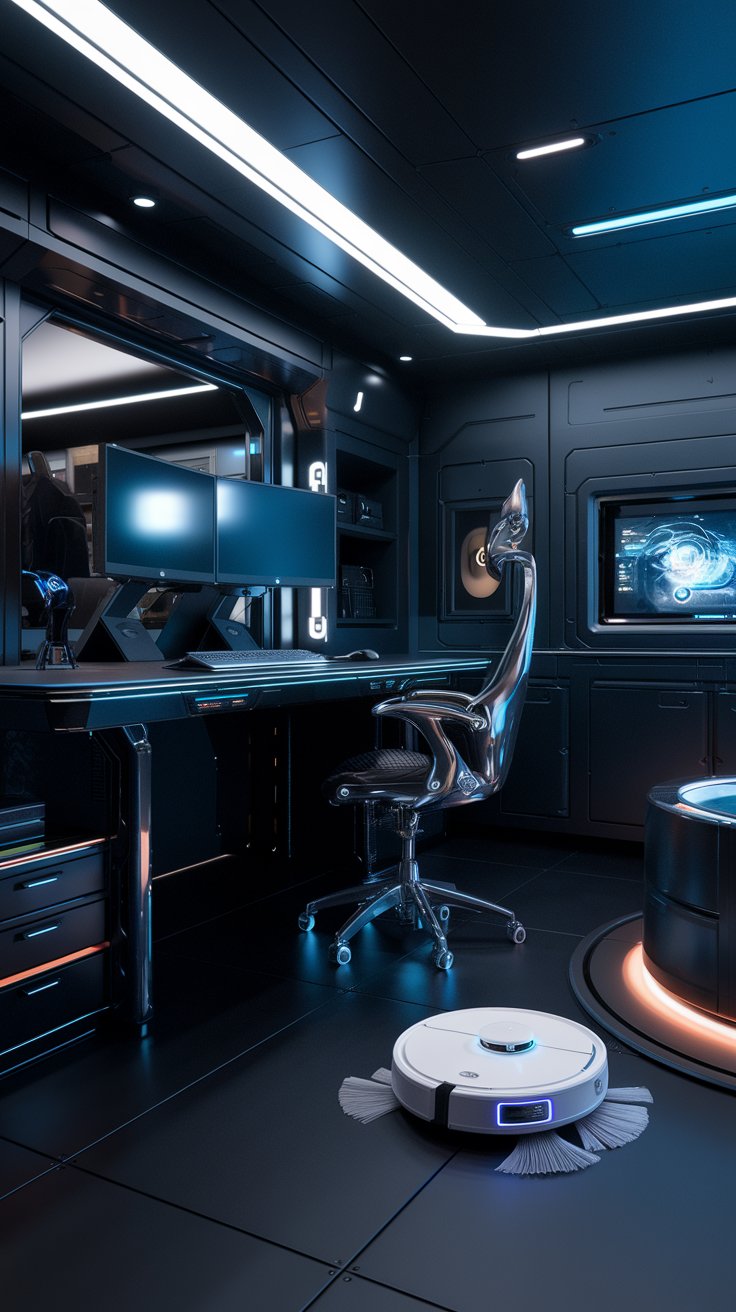 A futuristic, ultra-modern home office, standing desk with multiple monitors, high-tech ergonomic chair, neon lighting accents, minimalist design in black and metallic colors, a robot vacuum cleaning in the background, cutting-edge technology, sleek and efficient, cyberpunk luxury, cool lighting, humorous, empathetic, luxury home office