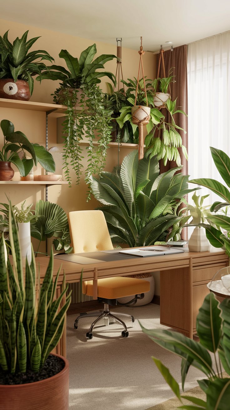 A vibrant home office filled with lush indoor plants of all sizes, hanging plants, plants on shelves, plants on the desk, natural light streaming in, wooden desk and chair, earthy tones, biophilic design, nature-inspired luxury, bright and fresh lighting, humorous, empathetic, luxury home office