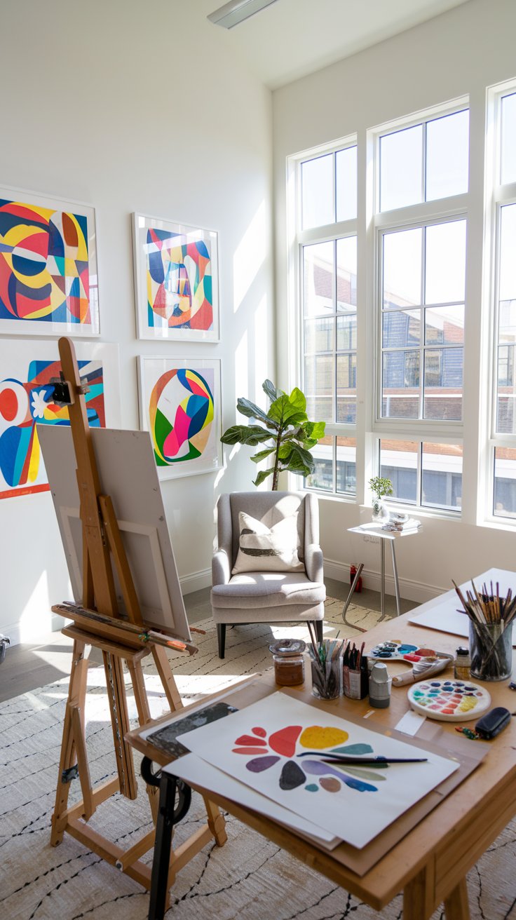 A bright and airy home office with an easel set up, paintbrushes and art supplies scattered on a wooden desk, colorful abstract art on the walls, large windows, comfortable chair, creative and inspiring, modern artistic luxury, natural light, humorous, empathetic, luxury home office