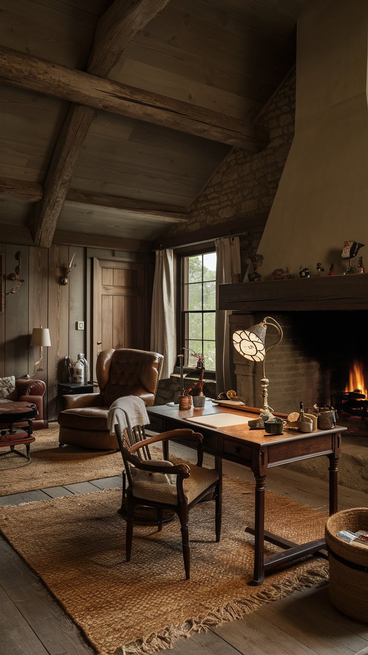 A cozy rustic home office, wooden walls and exposed beams, fireplace, comfortable leather chair, vintage desk lamp, warm colors, natural textures, countryside charm, rustic luxury, warm lighting, humorous, empathetic, luxury home office