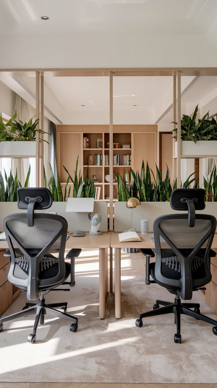 A stylish and functional shared home office for two people, two desks facing each other, ergonomic chairs, shared bookshelf, plants as dividers, bright and collaborative, modern shared luxury, natural light, humorous, empathetic, luxury home office.