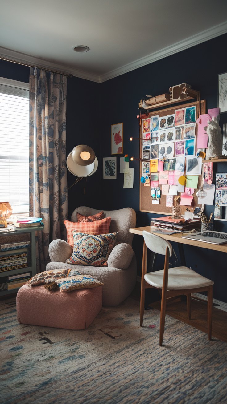 A cozy, slightly dimly lit home office, walls painted in a deep, calming color (like navy or forest green), soft rug, comfortable lounge chair with lots of pillows, a large mood board covered in colorful images and notes, desk with art supplies and a laptop, creative and inspiring, bohemian luxury, soft lighting, humorous, empathetic, luxury home office.