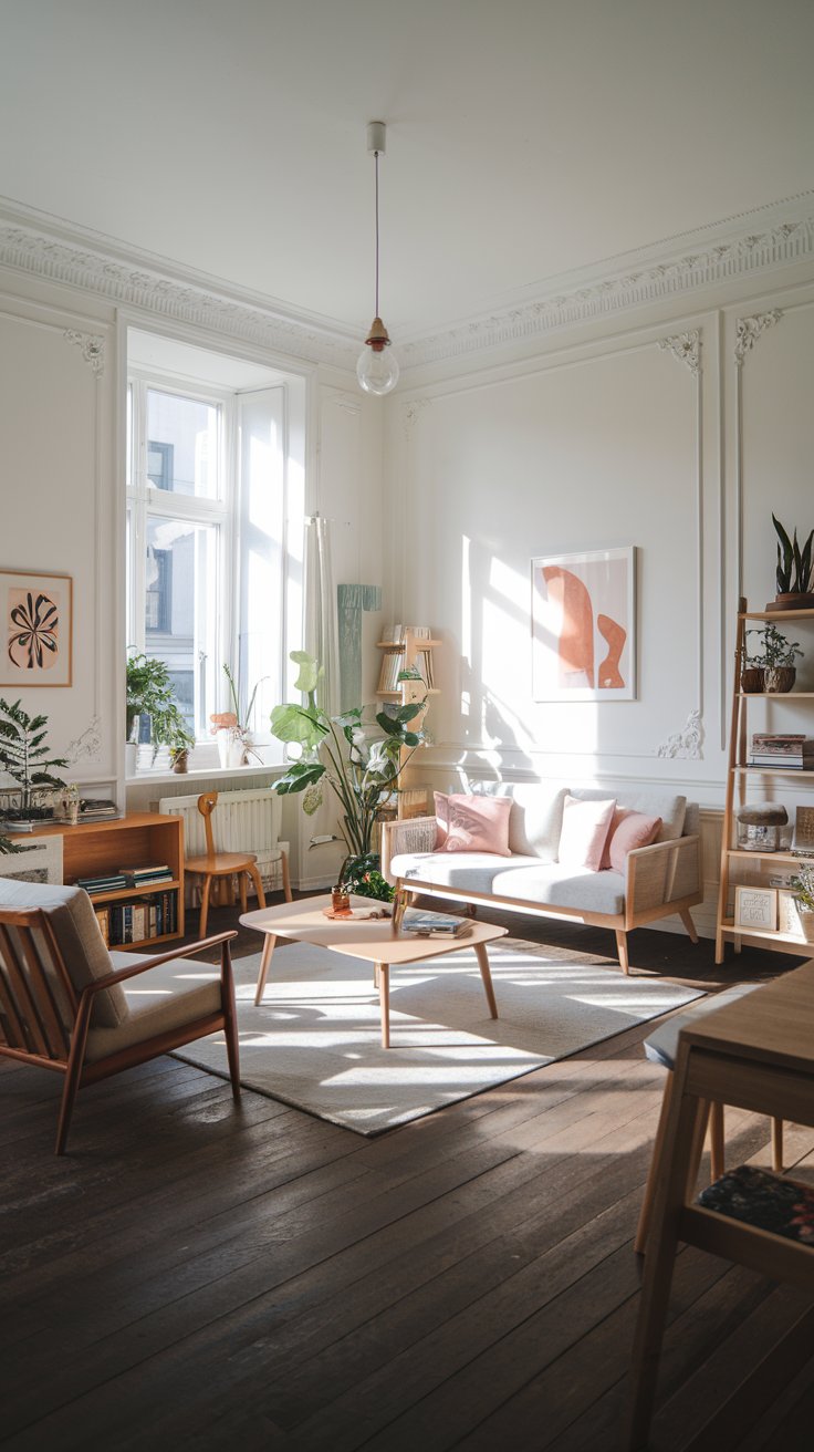 A bright, airy living room with white walls, light wood furniture, and pastel accents. Sunlight streaming through a large window