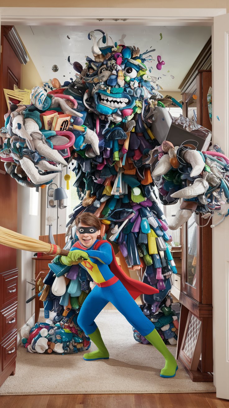Humorous depiction of a person bravely battling a giant monster made of clutter in a tiny home