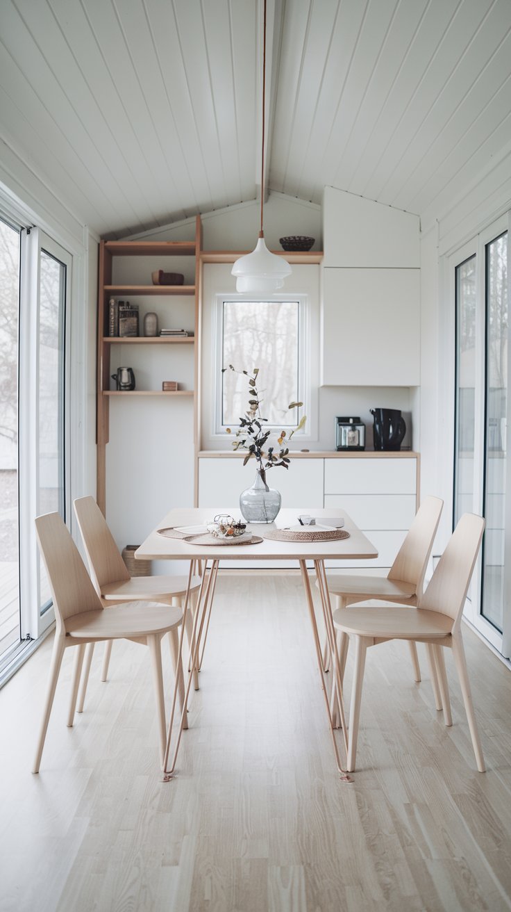 A minimalist dining area in a tiny home with sleek, light wood chairs and a table with thin legs.