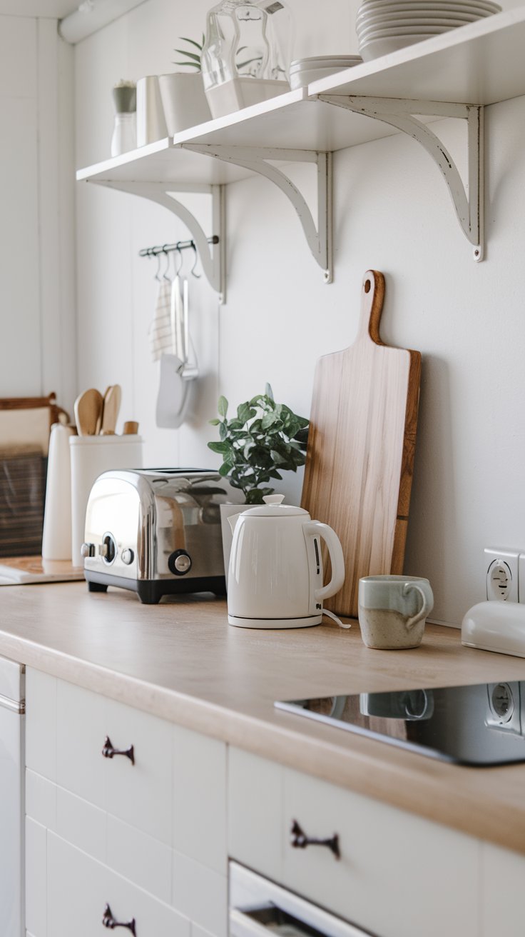 A minimalist kitchen countertop in a tiny home, perfectly clean and organized with only a few essential, stylish items.