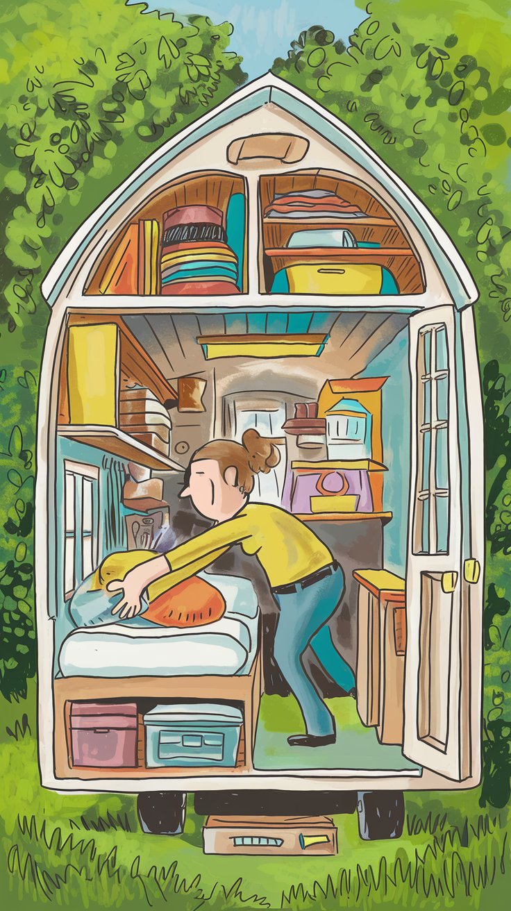 A whimsical, slightly exaggerated illustration of a person cleverly utilizing every nook and cranny of a tiny home for storage (under bed, behind doors, etc.)