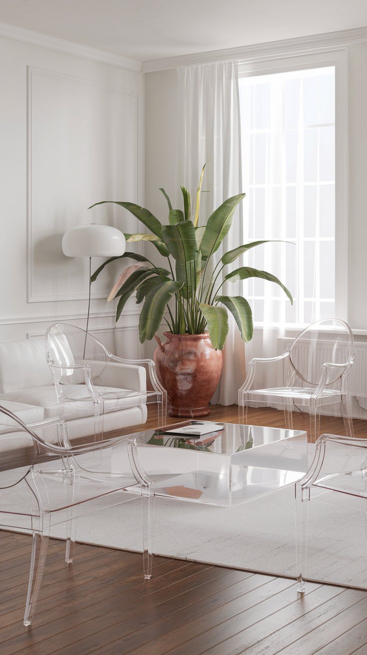 A modern, minimalist living room with clear acrylic chairs and a coffee table. The furniture appears almost invisible, making the room feel very spacious.