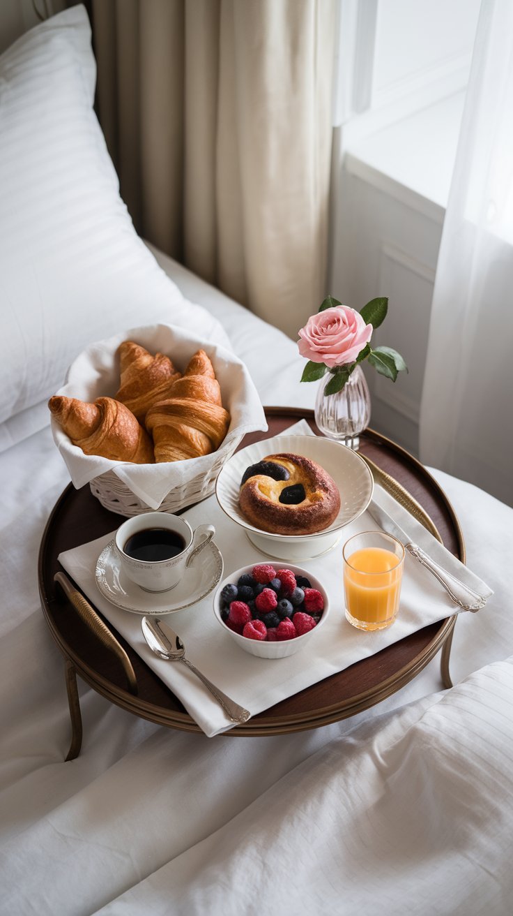 luxurious breakfast in bed, Parisian style, white linen bedding, round wooden tray, freshly baked croissants in a basket, pain au chocolat, small pot of strong black coffee, bowl of mixed berries (strawberries, raspberries, blueberries), small glass of fresh orange juice, delicate white china, silver cutlery, a single pink rose in a bud vase, soft natural light from a nearby window, elegant and bright